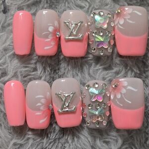 Designer Inspired Pink Floral Rhinestone Butterfly Press-On Nails